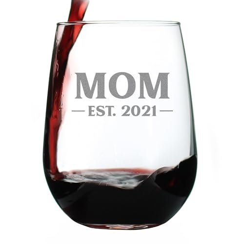 Bevvee Mom Est 2021 - New Mother Stemless Wine Glass Gift for First Time Parents - Bold 17 Oz Large Glasses
