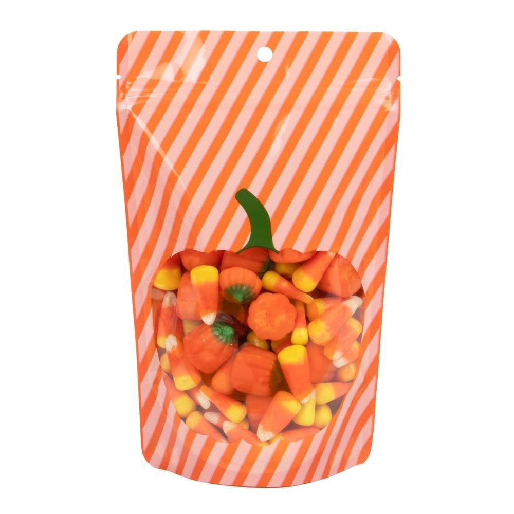 ClearBags Pumpkin Seasonal Stand-Up Zipper Pouch | 5.13 x 3.13 x 8.13 | Halloween Treat Bags with Pumpkin Window & Resealable Closure | Two-Tone Stripes, Solid Orange Back (25 Pack, ZBGW3P)