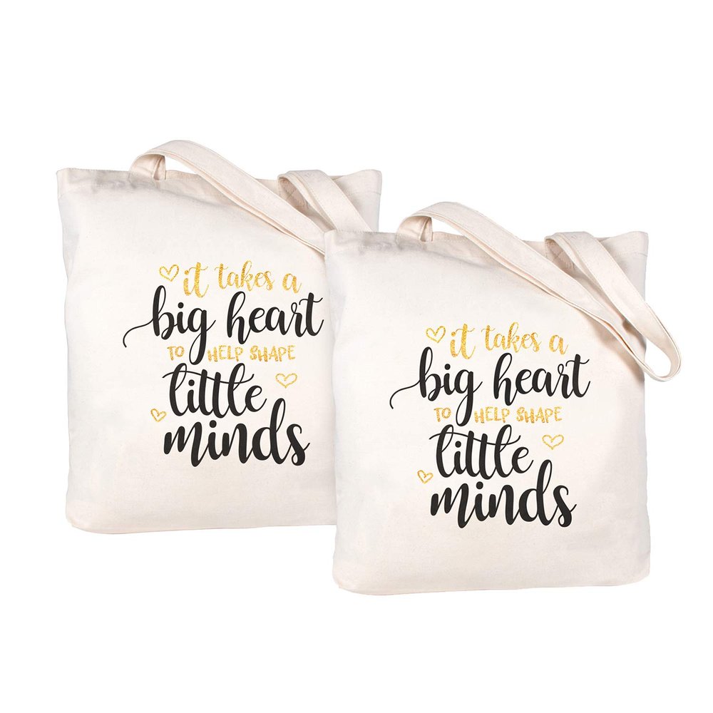 CARAKNOTS Teacher Bag Teachers Gifts for Women Valentines Day Appreciation Week Birthday Thank you Graduation End of Year Christmas Retirement Canvas Tote Bag with Pocket 2 Pcs