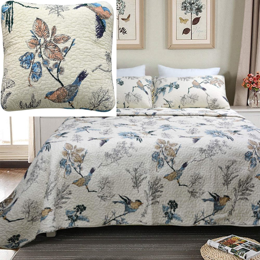 Brandream 4Pcs Bird Bedding King American Country Style Comforter Set King Size Cotton Quilt Set+ 1 Throw Pillow Cover(4-Piece)