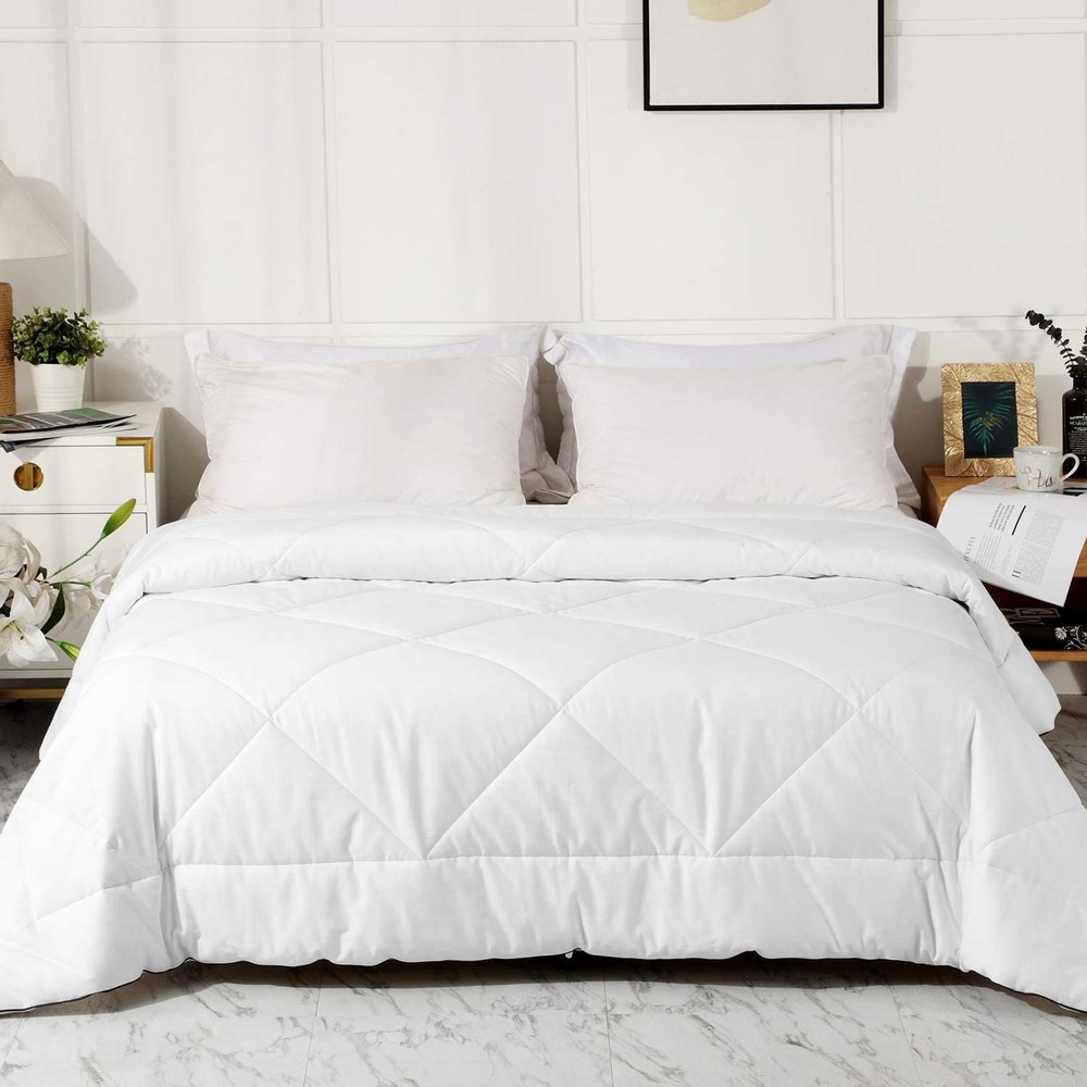2025 Premium Upgraded Non-Vacuum Bed Quilt All Seasons 100% Cotton Filled Comforter - Reversible Lightweight Soft Breathable Fluffy (Pure White, Twin)