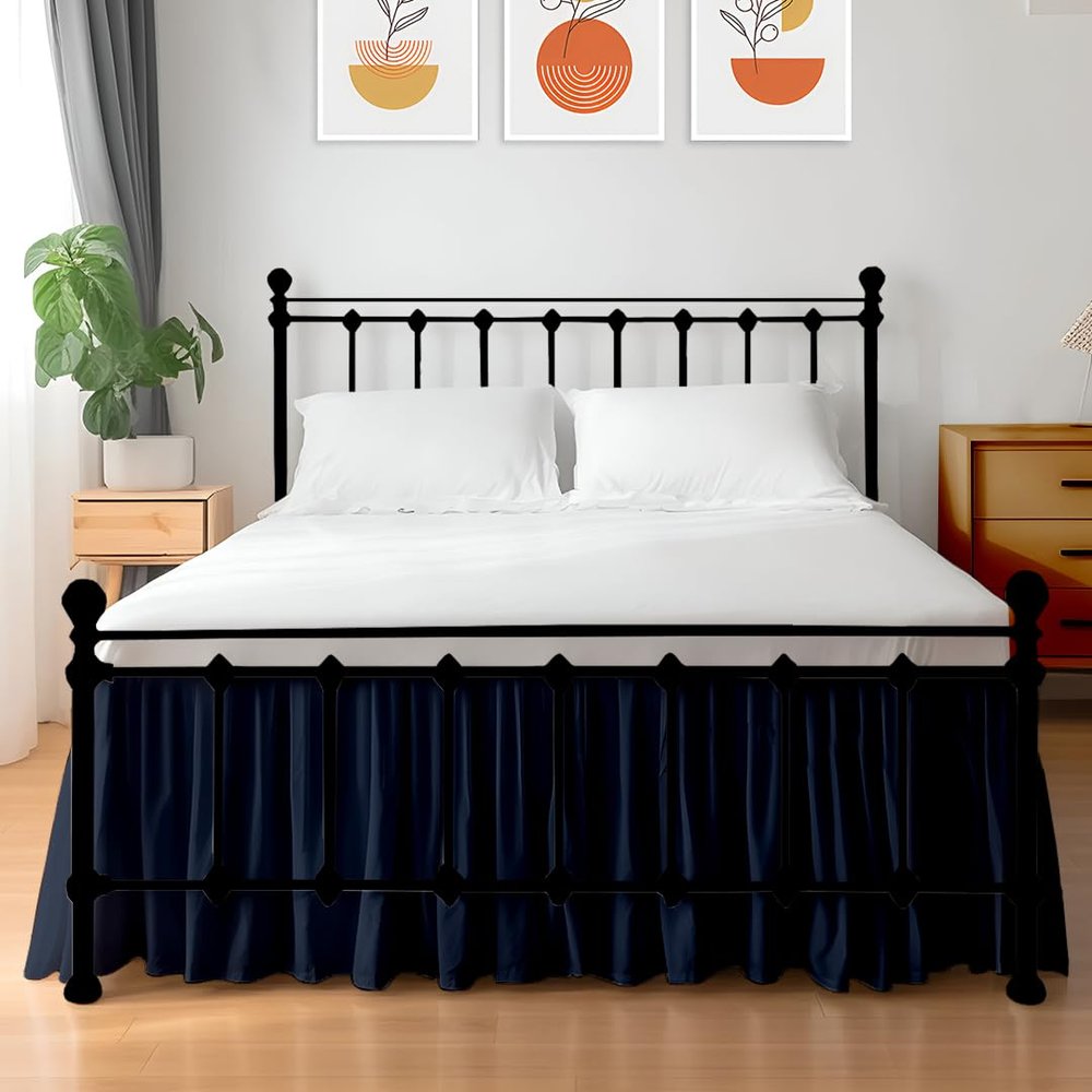 Shreem Linen Ruffled Bed Skirt with Split Corners, Gathered Style, 100% Microfiber, 28-Inch Drop, Dust Ruffle Bedskirt with Platform, Full-XL, Navy Blue