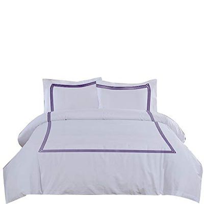 BedDecor Duvet Cover Set  3-Piece, 500TC Egyptian Cotton with 3-Line Embroidery, Zipper Closure & Corner Ties  Purple, Full/Queen