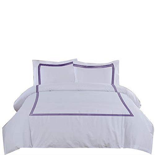 BedDecor Duvet Cover Set  3-Piece, 500TC Egyptian Cotton with 3-Line Embroidery, Zipper Closure & Corner Ties  Purple, Full/Queen