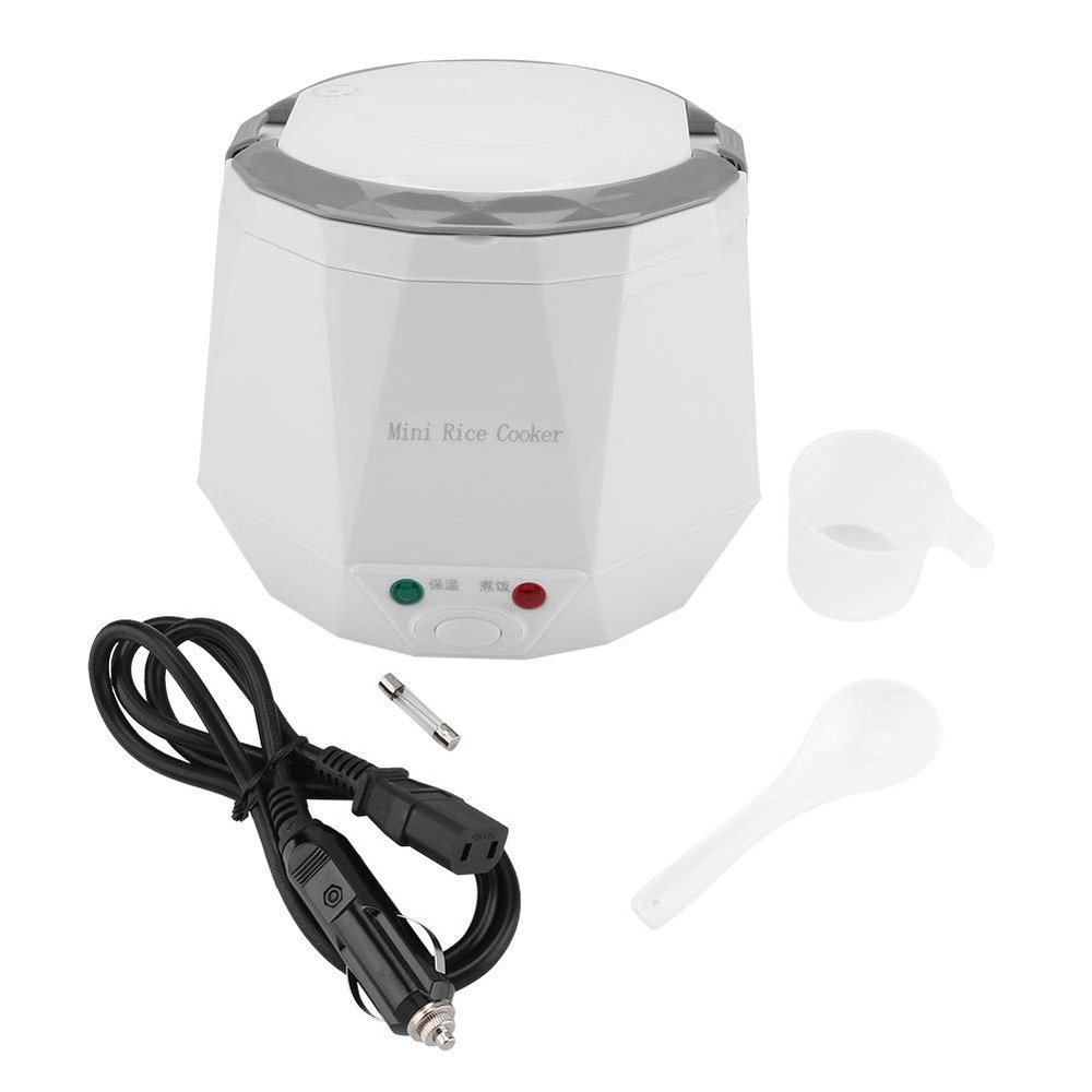 1.3 L Electric Portable Multifunctional Rice Cooker Non-stick Pot Keep Warm Food Steamer for Cars Home Student Dormitory for 1-2 People 12V 100W (White)