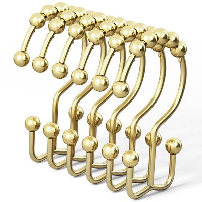 DAWNER Shower Curtain Hooks Rings, Rust Proof Hooks, Metal Easy Glide Double Shower Rings Hooks, Stainless Steel Shower Curtain Hangers for Bathroom Shower Curtains, Set of 12 Hooks, Gold Color