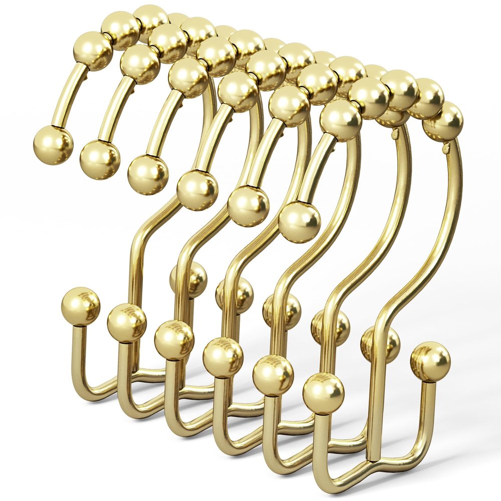 DAWNER Shower Curtain Hooks Rings, Rust Proof Hooks, Metal Easy Glide Double Shower Rings Hooks, Stainless Steel Shower Curtain Hangers for Bathroom Shower Curtains, Set of 12 Hooks, Gold Color