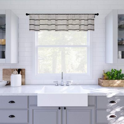 Clean Window Twill Stripe Anti-Dust Allergy/Pet Friendly Anti-Dust Sheer Cafe Valance, 52" x 14", Black/Linen