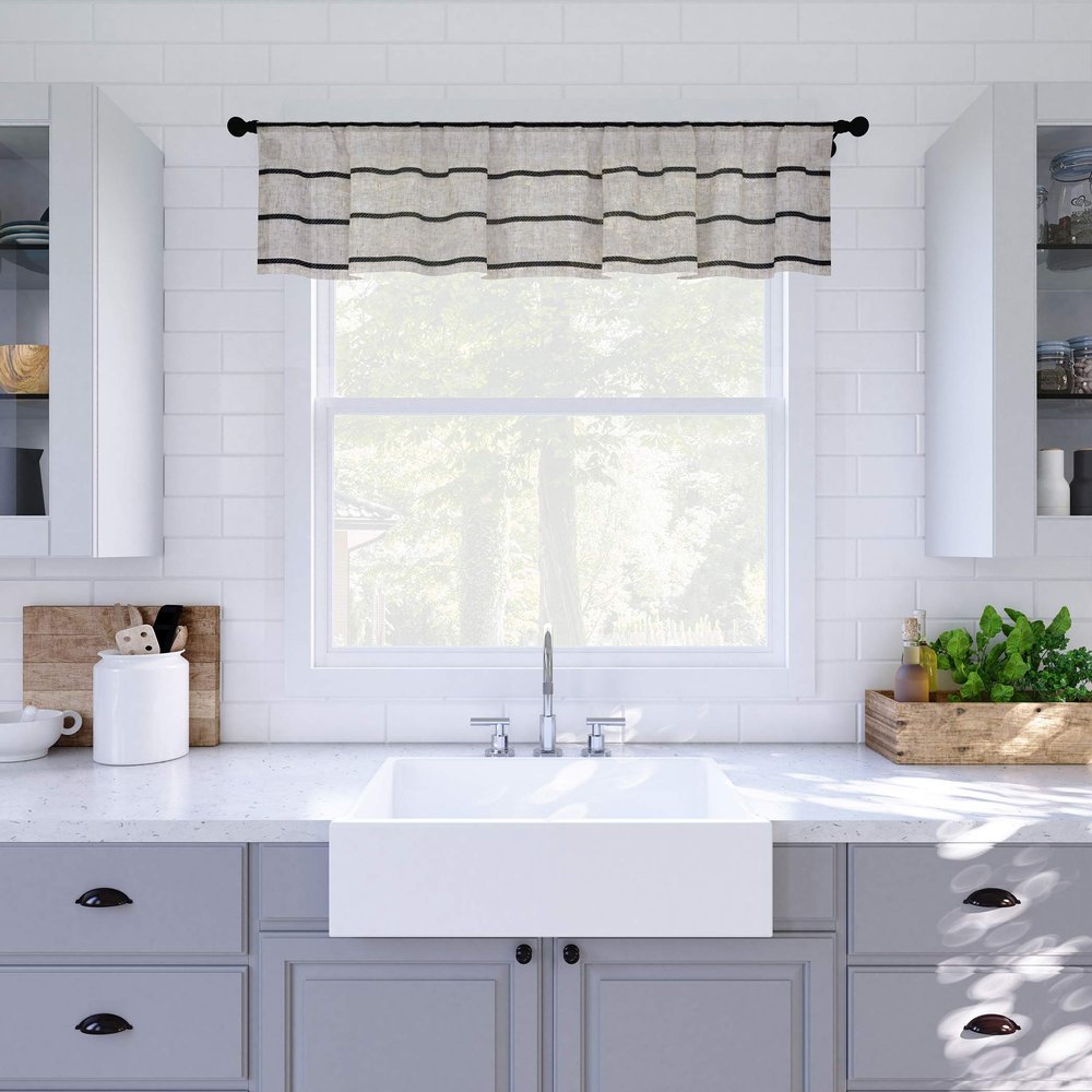 Clean Window Twill Stripe Anti-Dust Allergy/Pet Friendly Anti-Dust Sheer Cafe Valance, 52" x 14", Black/Linen