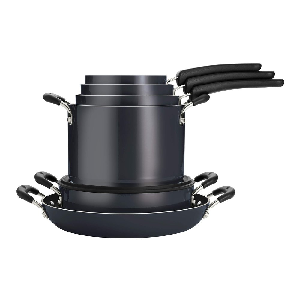 Tramontina Aluminum Non Stick 11-Piece Nesting Pots and Pans Set with Lids - Gray, Kitchen Nonstick Cookware Set, Dishwasher and Oven Safe