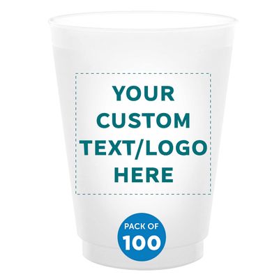 DISCOUNT PROMOS Custom Frosted Plastic Stadium Cups, 100 pack, Promotional Text, Logo, 16 oz. Shatterproof Flexible Reusable Party Cups Pearl White