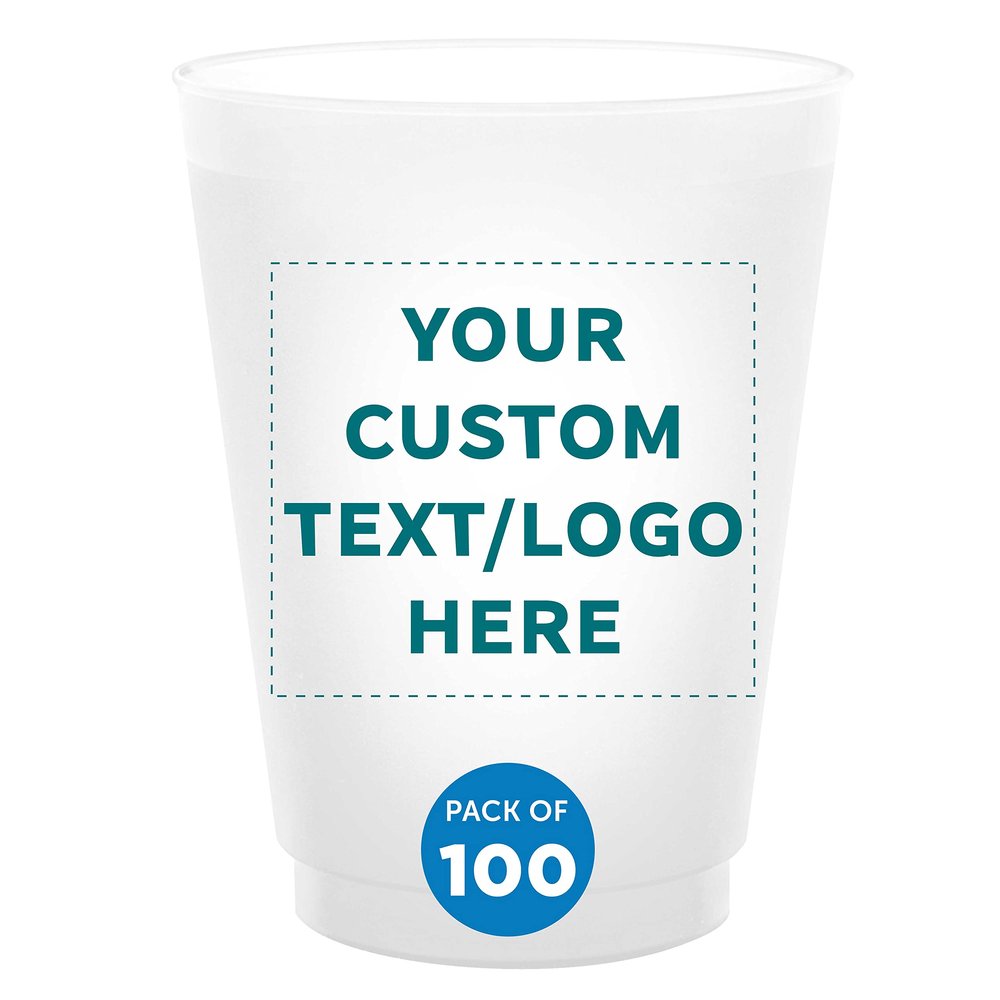 DISCOUNT PROMOS Custom Frosted Plastic Stadium Cups, 100 pack, Promotional Text, Logo, 16 oz. Shatterproof Flexible Reusable Party Cups Pearl White