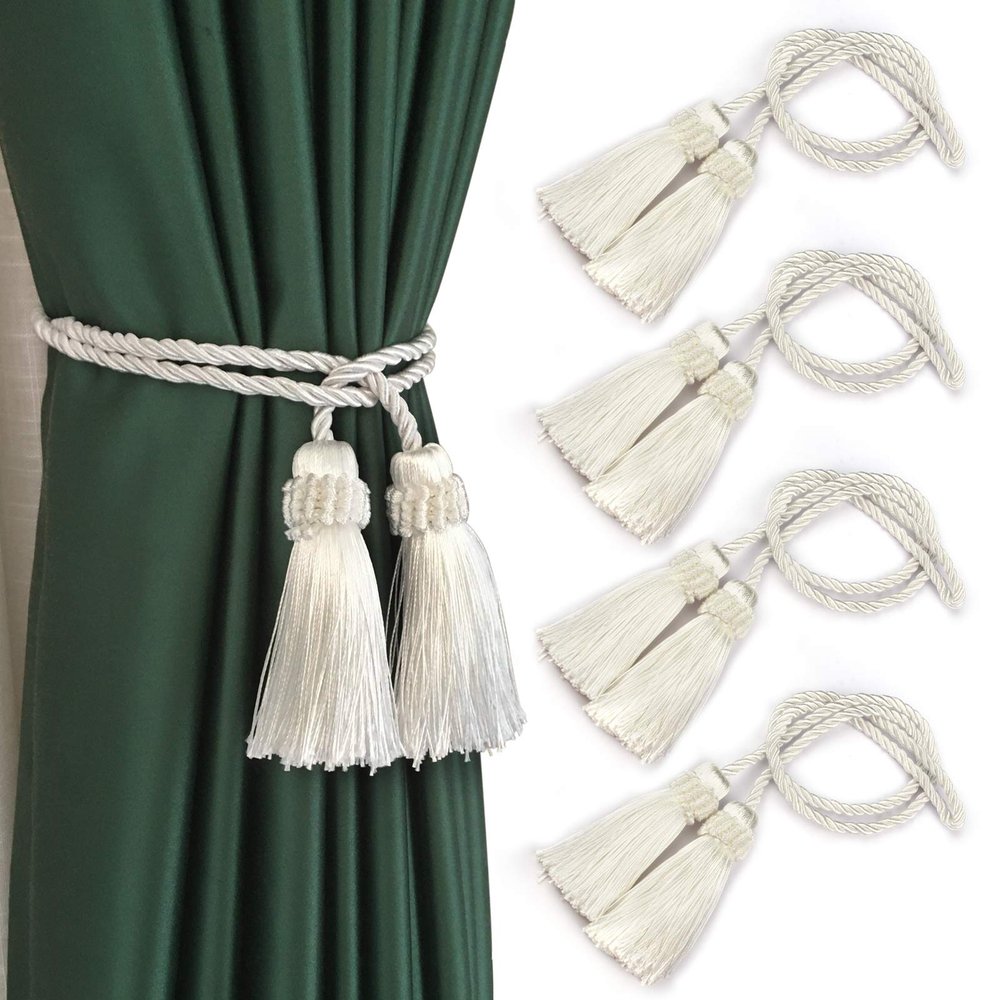 Fenghuangwu Curtain Tiebacks Handmade Decorative Curtain Holdbacks Rope with Tassel (White, 4P)
