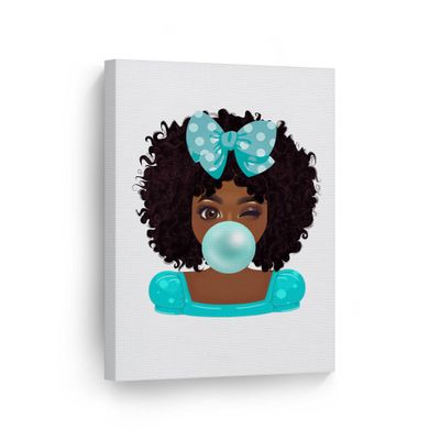 SmileArtDesign Twinkled Cute African Girl Teal Blue Bubble Gum Canvas Wall Art Print Dotted Ribbon Bow Afro African Baby Kids and Nursery Room Home Decor Ready to Hang Made in The USA - 36x24