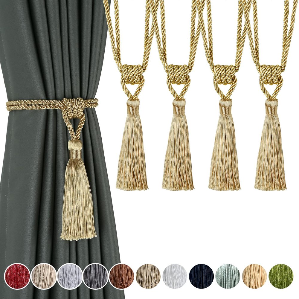 Fenghuangwu Curtain Tiebacks Tassel Tie-Backs, Rope Curtain tie Backs Handmade Curtain Holdbacks Made from Polyester (Gold, 4p)