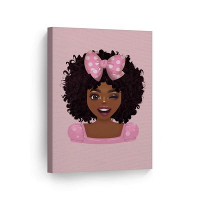 SmileArtDesign Twinkled Cute African Girl Canvas Wall Art Print Pink Dotted Ribbon Bow Afro African Pink Background Baby Kids and Nursery Room Home Decor Ready to Hang Made in The USA - 36x24