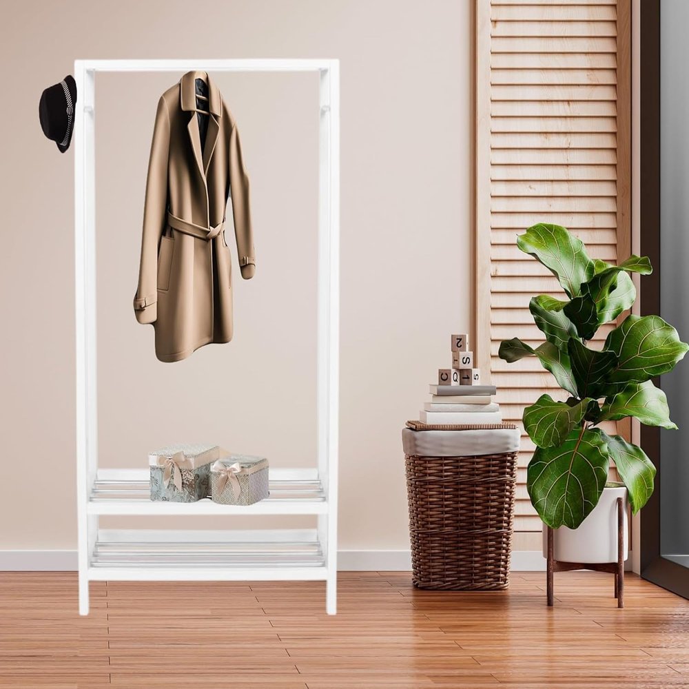 Legacy Decor 2 Tier Shelves Shoe Garment Coat Rack Hanger 65H X 31.5W X 13" D Wooden White Finish