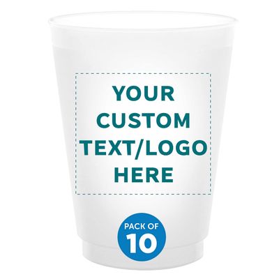 DISCOUNT PROMOS Custom Frosted Plastic Stadium Cups, 10 pack, Promotional Text, Logo, 16 oz. Shatterproof Flexible Reusable Party Cups, Pearl White