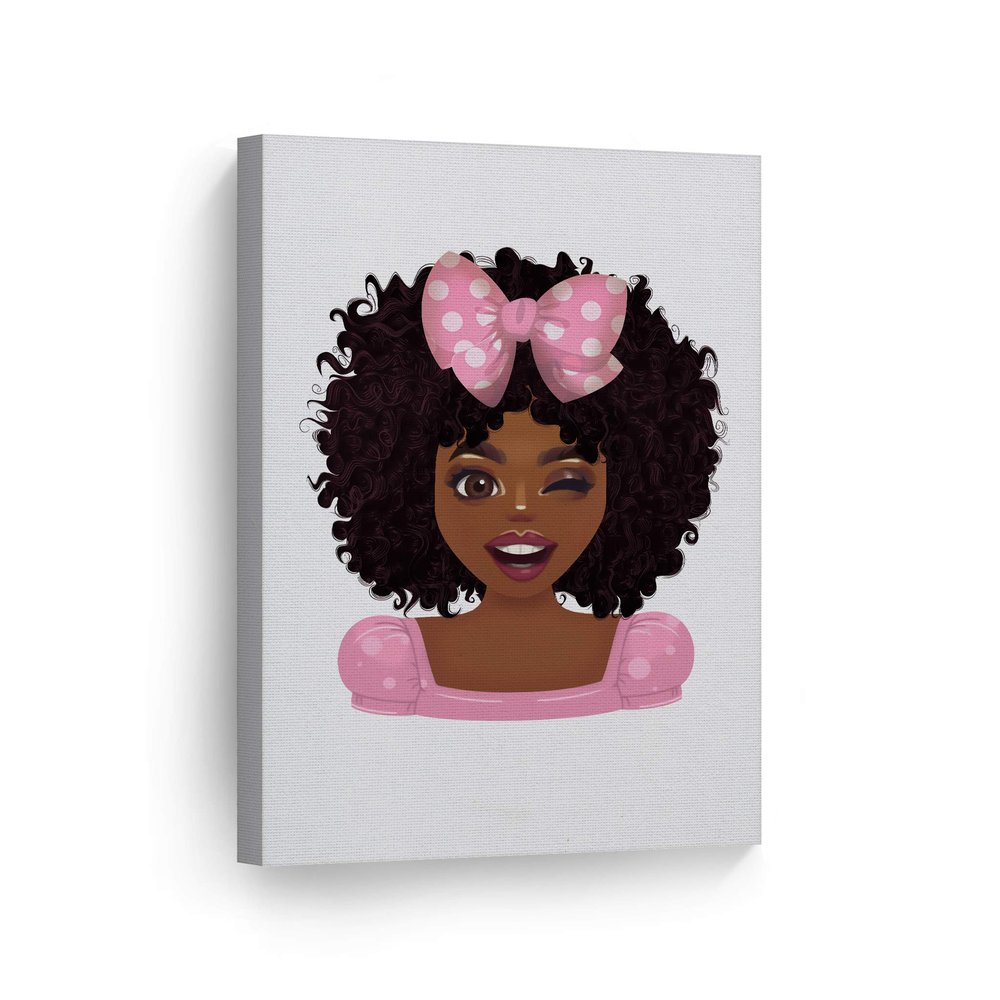 SmileArtDesign Twinkled Cute African Girl Canvas Wall Art Print Pink Dotted Ribbon Bow Afro African Baby Kids and Nursery Room Home Decor Ready to Hang Made in The USA - 36x24
