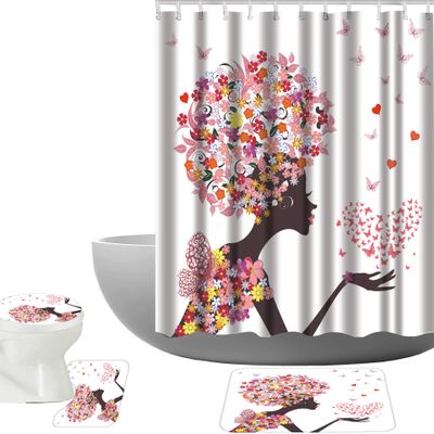 Amagical Flower Girl and Pink Butterflies Pattern 4 Piece Bathroom Mat Set Shower Curtain Set Bath Mat Contour Mat Toilet Cover Waterproof Shower Curtain with 12 Hooks