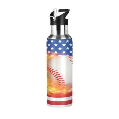 Blue Baseball US Flag Water Bottle with Straw Lid Boys Insulated Stainless Steel Water Flask Sports, 20 Oz Hot Cold