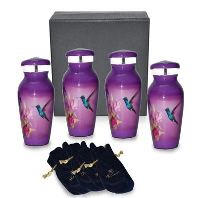 Bold & Divine Purple Hummingbird Keepsake Urn for Ashes | Set of 4 | 3.5 Cubic Inch | Keepsake Urn for Sharing The Ashes of a Loved One