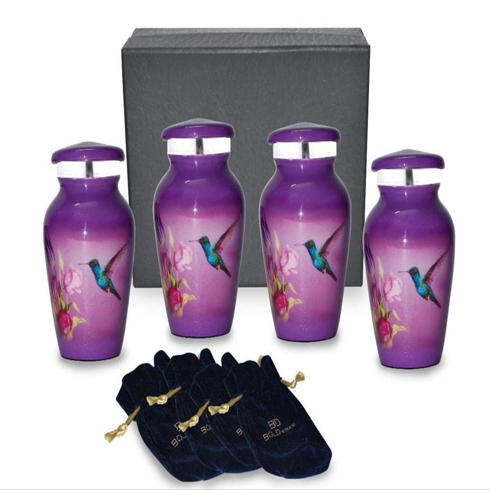 Bold & Divine Purple Hummingbird Keepsake Urn for Ashes | Set of 4 | 3.5 Cubic Inch | Keepsake Urn for Sharing The Ashes of a Loved One