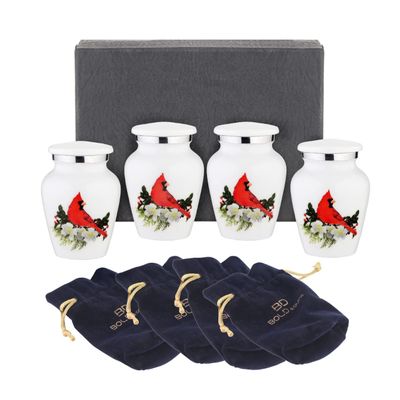 BOLD & DIVINE Small Cardinal Bird Keepsake Urns |for Human Ashes |Handcrafted | Mini Urn Set of 4 with Premium Box & Funnel
