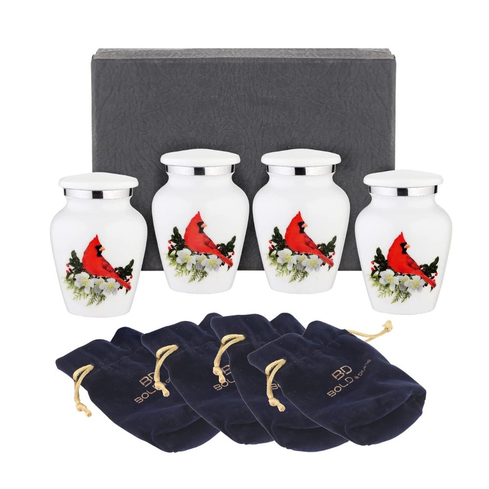 BOLD & DIVINE Small Cardinal Bird Keepsake Urns |for Human Ashes |Handcrafted | Mini Urn Set of 4 with Premium Box & Funnel