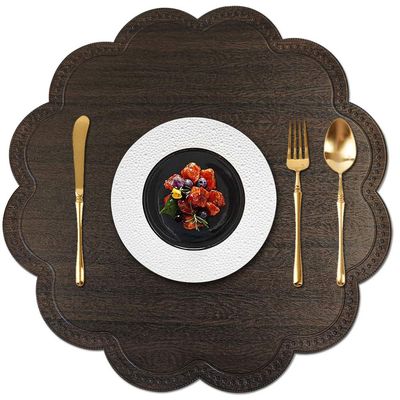 Kreatur Round Waterproof Placemats for Dining Table Set of 6,Modern PU Washable Table Mats Non-Slip Easy to Clean for Home Kitchen Decor (Wood Black)