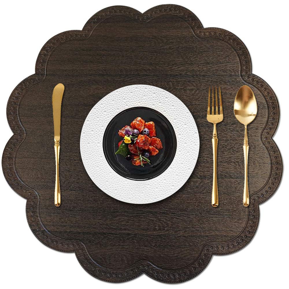 Kreatur Round Waterproof Placemats for Dining Table Set of 6,Modern PU Washable Table Mats Non-Slip Easy to Clean for Home Kitchen Decor (Wood Black)