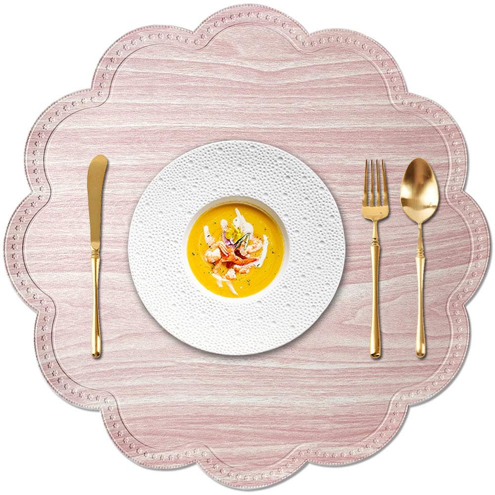 Kreatur Round Waterproof Placemats for Dining Table Set of 6,Modern PU Washable Table Mats Non-Slip Easy to Clean for Home Kitchen Decor (Shell Pink)