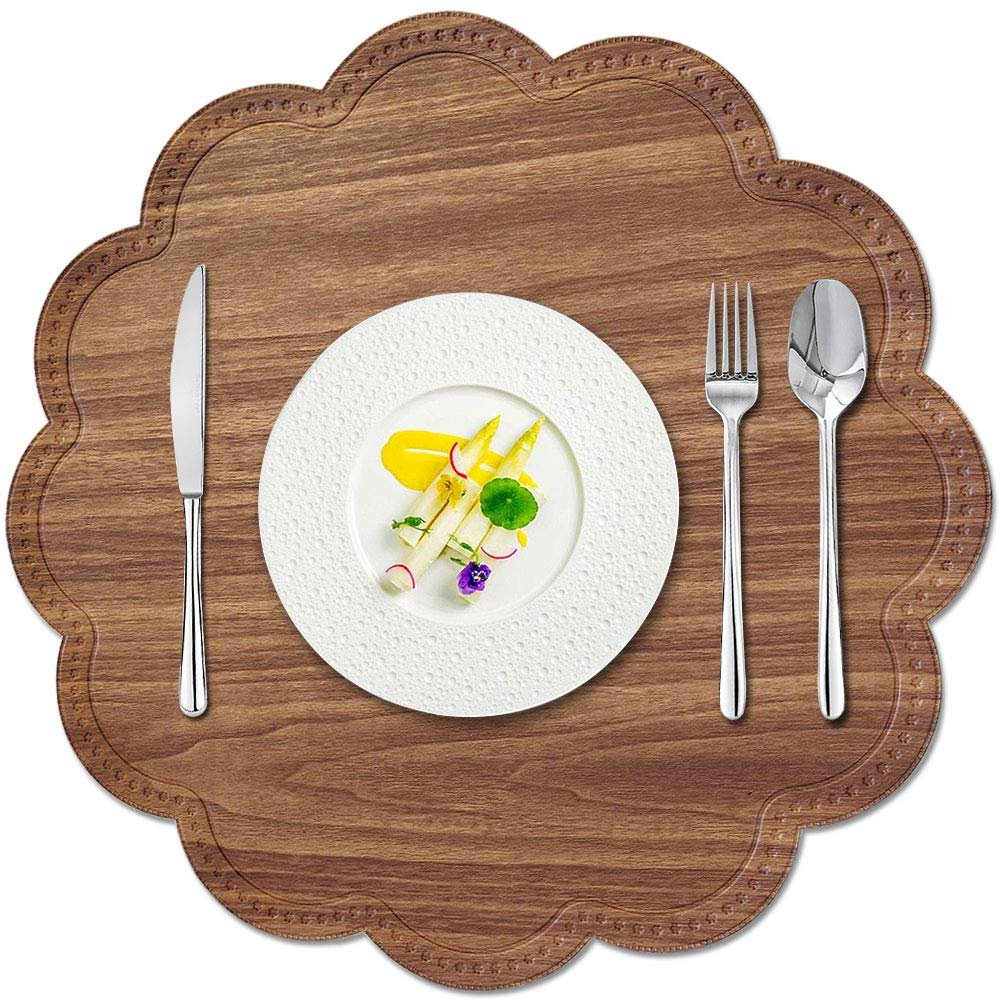 Kreatur Round Waterproof Placemats for Dining Table,Set of 6,Modern PU Washable Table Mats Non-Slip Easy to Clean for Home Kitchen Decor (Wood Brown)