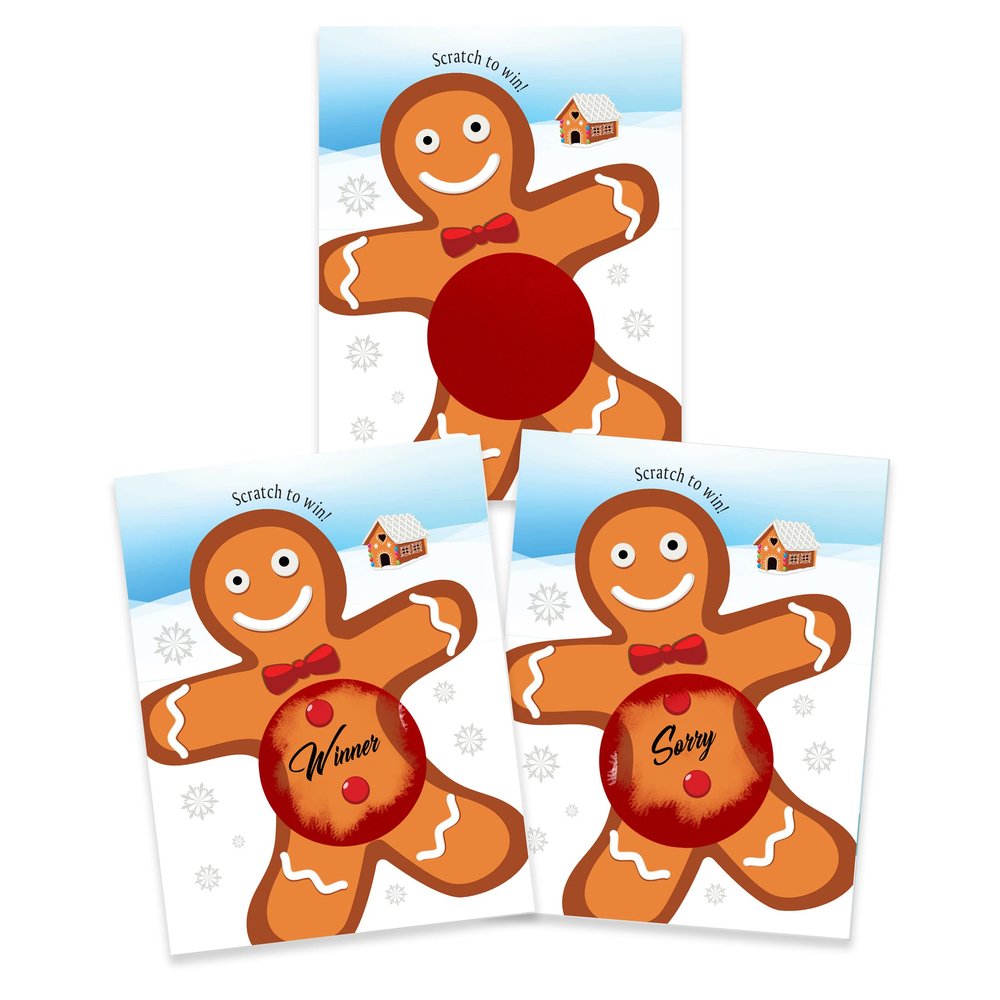 My Scratch Offs 26 Pack Gingerbread Man Christmas Scratch Off Game Cards, 3x4-Inch, Holiday Raffle Tickets for Adults, Fun Festive Party Activity for Winter Gatherings