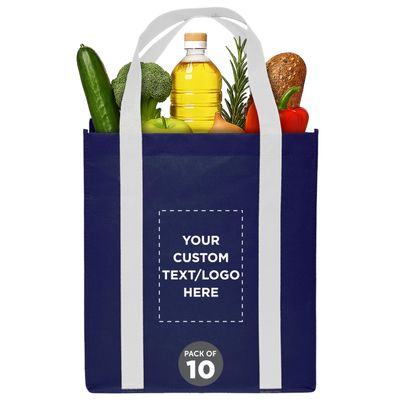 DISCOUNT PROMOS Custom Non Woven Shopping Tote Bags Set of 10, Personalized Bulk Pack - Reusable, Great for Shopping, Grocery, Beach, Picnic, Wedding Favors - Navy White