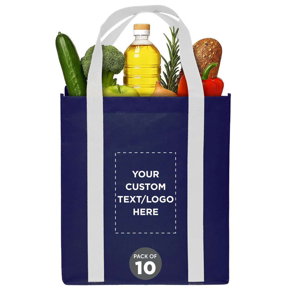 DISCOUNT PROMOS Custom Non Woven Shopping Tote Bags Set of 10, Personalized Bulk Pack - Reusable, Great for Shopping, Grocery, Beach, Picnic, Wedding Favors - Navy White