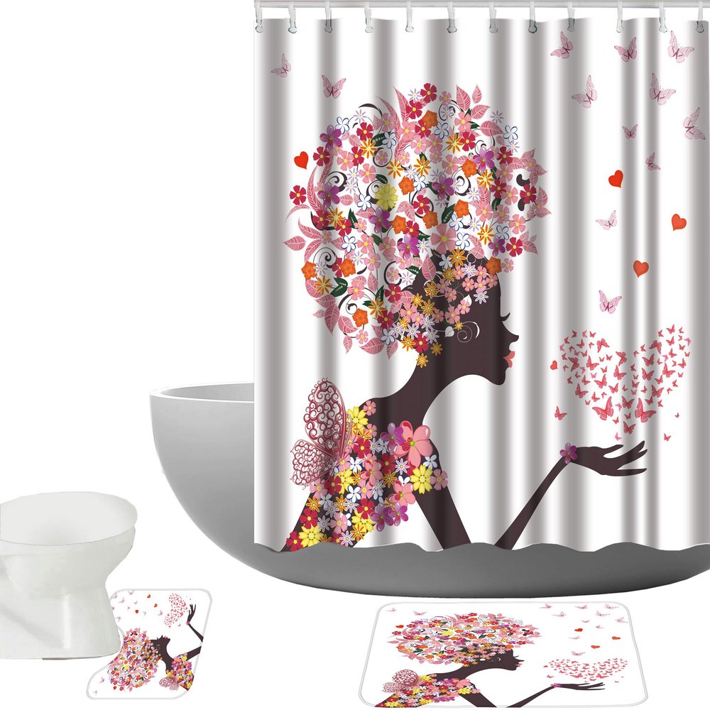 Amagical Flower Girl and Pink Butterflies Pattern 3 Piece Bathroom Mat Set Shower Curtain Set Bath Mat Contour Mat Waterproof Shower Curtain with 12 Hooks