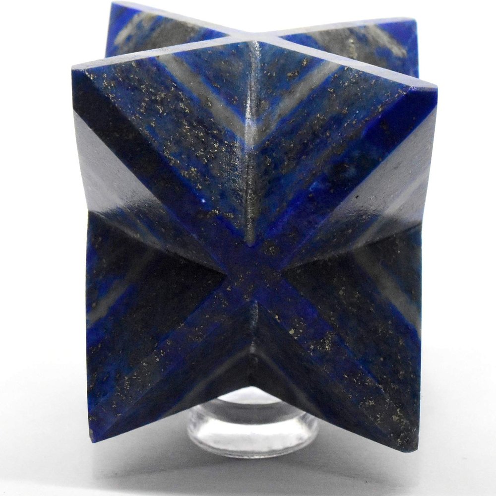 2.6" 125g Deep Blue Lapis Lazuli w/Pyrite 8 Point Merkaba Star Polished Layered Natural Gemstone Crystal Mineral Specimen - Afghanistan + One Polished Clear Quartz Cabochon