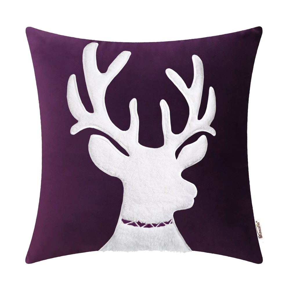 BRAWARM Christmas Pillow Cover 20 X 20 Inches, Purple Reindeer Embroidered Pillow Cover, Soft Velvet Decorative Throw Pillow for Couch Bed Sofa Living Room Home