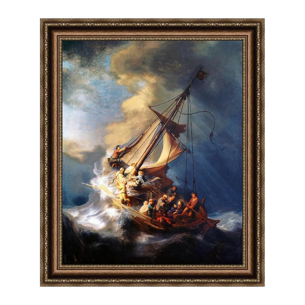 INVIN ART Framed Canvas Wall Art The Storm on the Sea of Galilee by Rembrandt Harmenszoon van Rijn Giclee Print Christ Calming the Storm Painting for Living Room, Framed Size,26"x32"