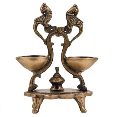 Indian Shelf Handmade Twin Peacock Figurines South Indian Diya for Pooja Ceremony Brass Oil Lamp Decorative Deepak (Size: 17cm) BOL-298
