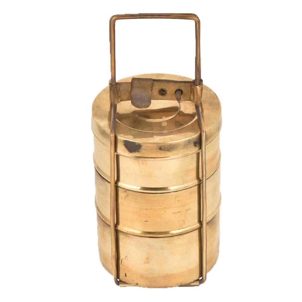 Indian Shelf Vocalforlocal Handmade Vintage Brass Tiffin Box with Three Container in Golden Finish Pack of 1 Indian Kitchen Utensils
