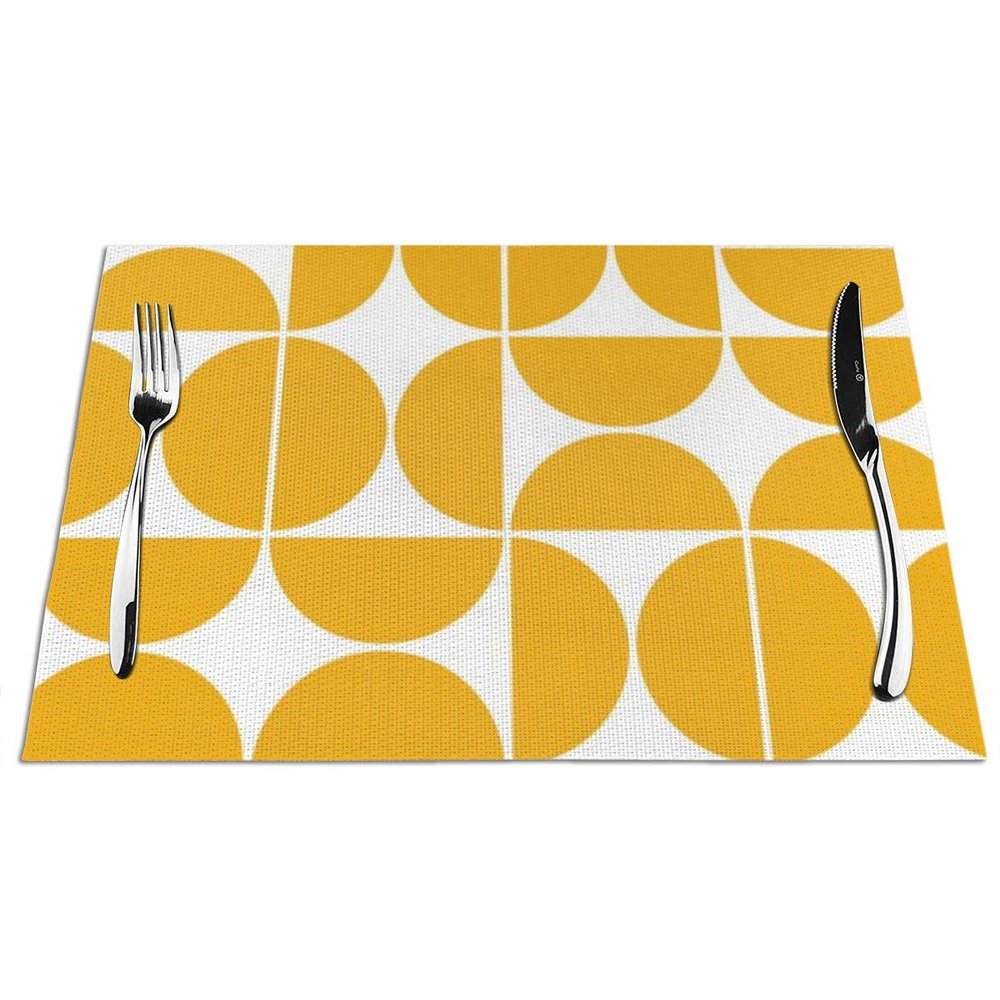 FuJae Placemats Set of 6,Mid Century Modern Geometric Yellow Non-Slip Washable Woven Vinyl Table Mats Heat-Resistant Placemats for Kitchen Dinning Table,12x18 inches