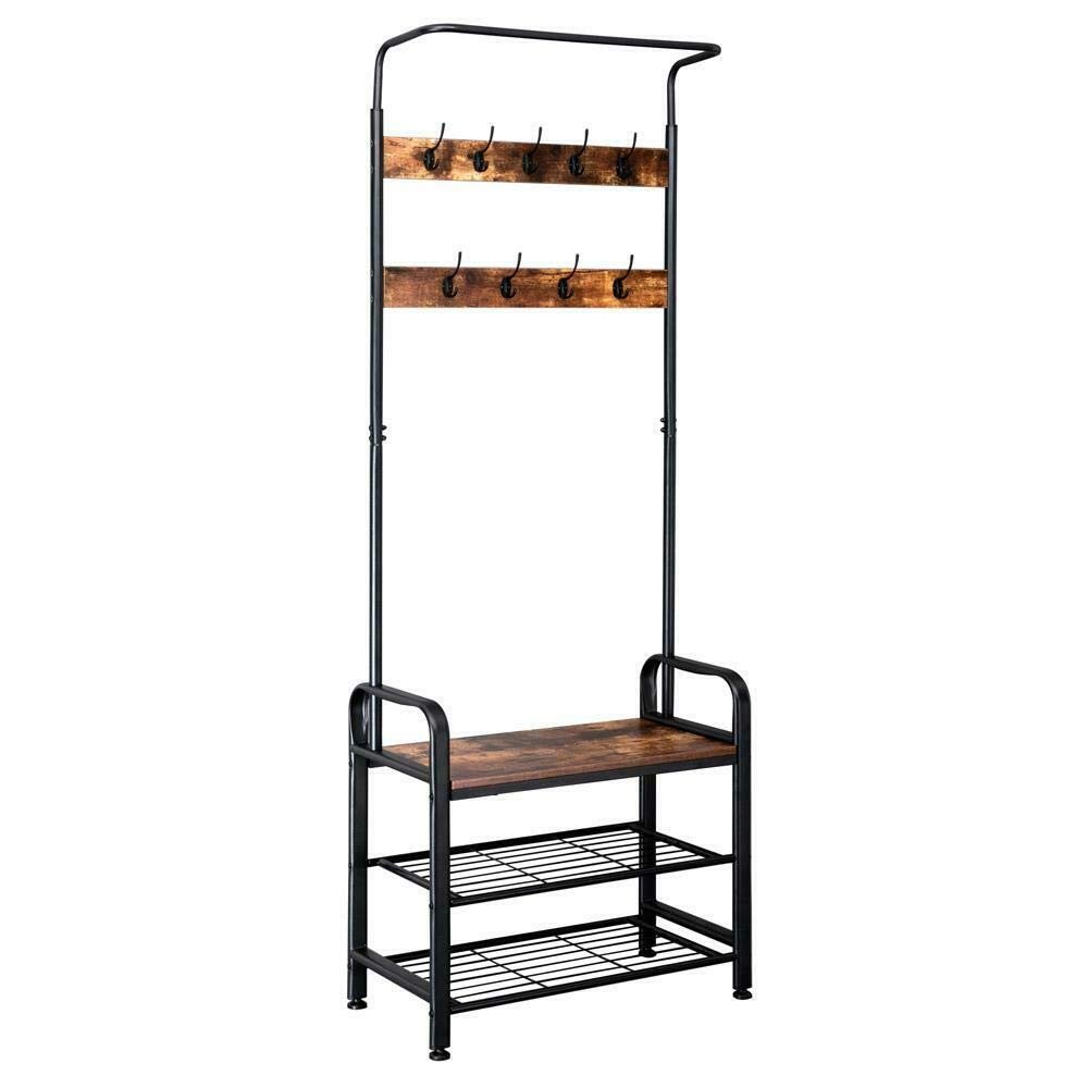 TimmyHouse Coat Rack Industrial Shoe Bench Hall Tree Entryway Clothes Storage Shelf