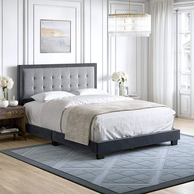 Boyd Sleep Pisa Upholstered Button Tufted Platform Bed Frame Mattress Foundation with Headboard and Strong Wood Slat Supports: Velour, Grey/Charcoal, Queen (PSGR965QN)