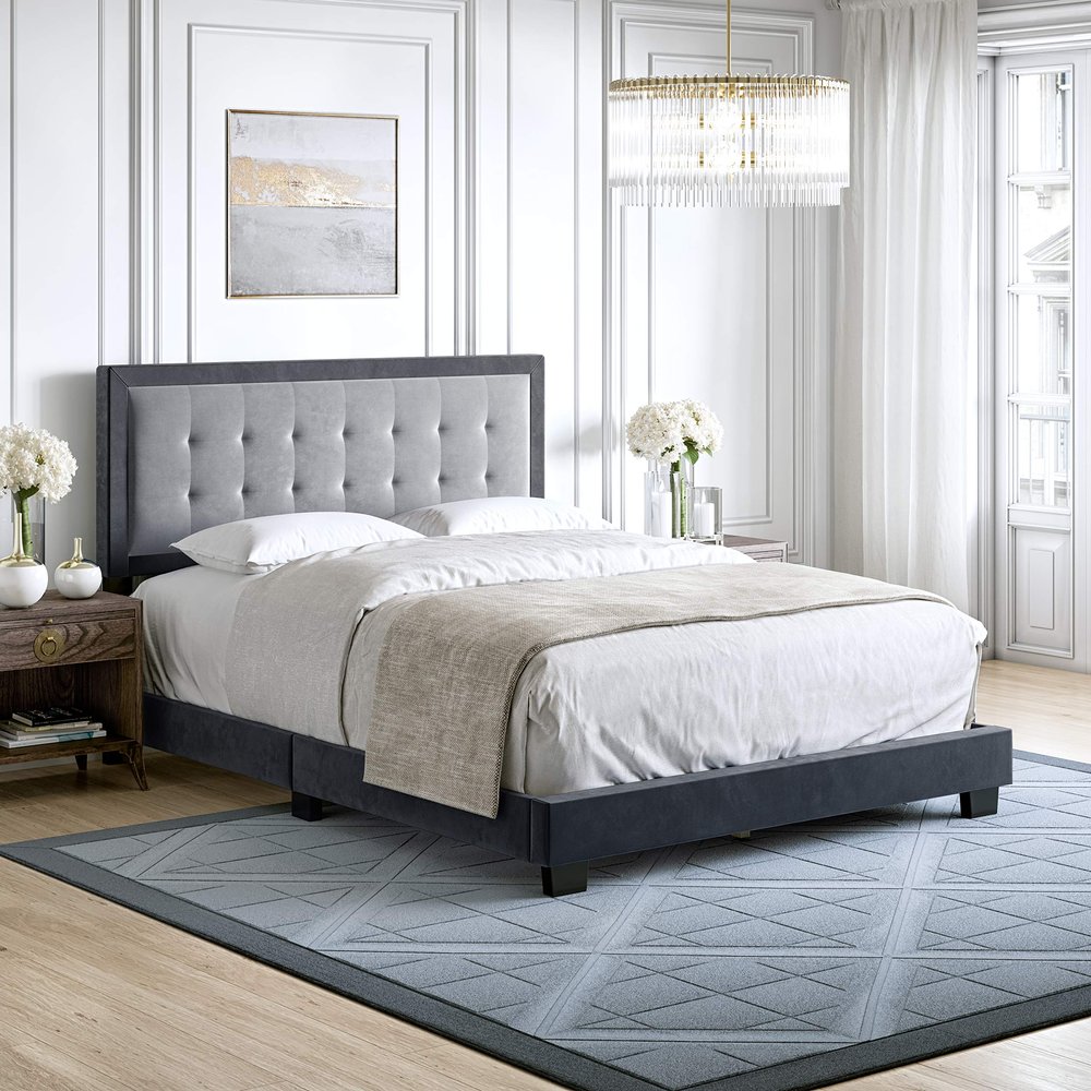 Boyd Sleep Pisa Upholstered Button Tufted Platform Bed Frame Mattress Foundation with Headboard and Strong Wood Slat Supports: Velour, Grey/Charcoal, Queen (PSGR965QN)