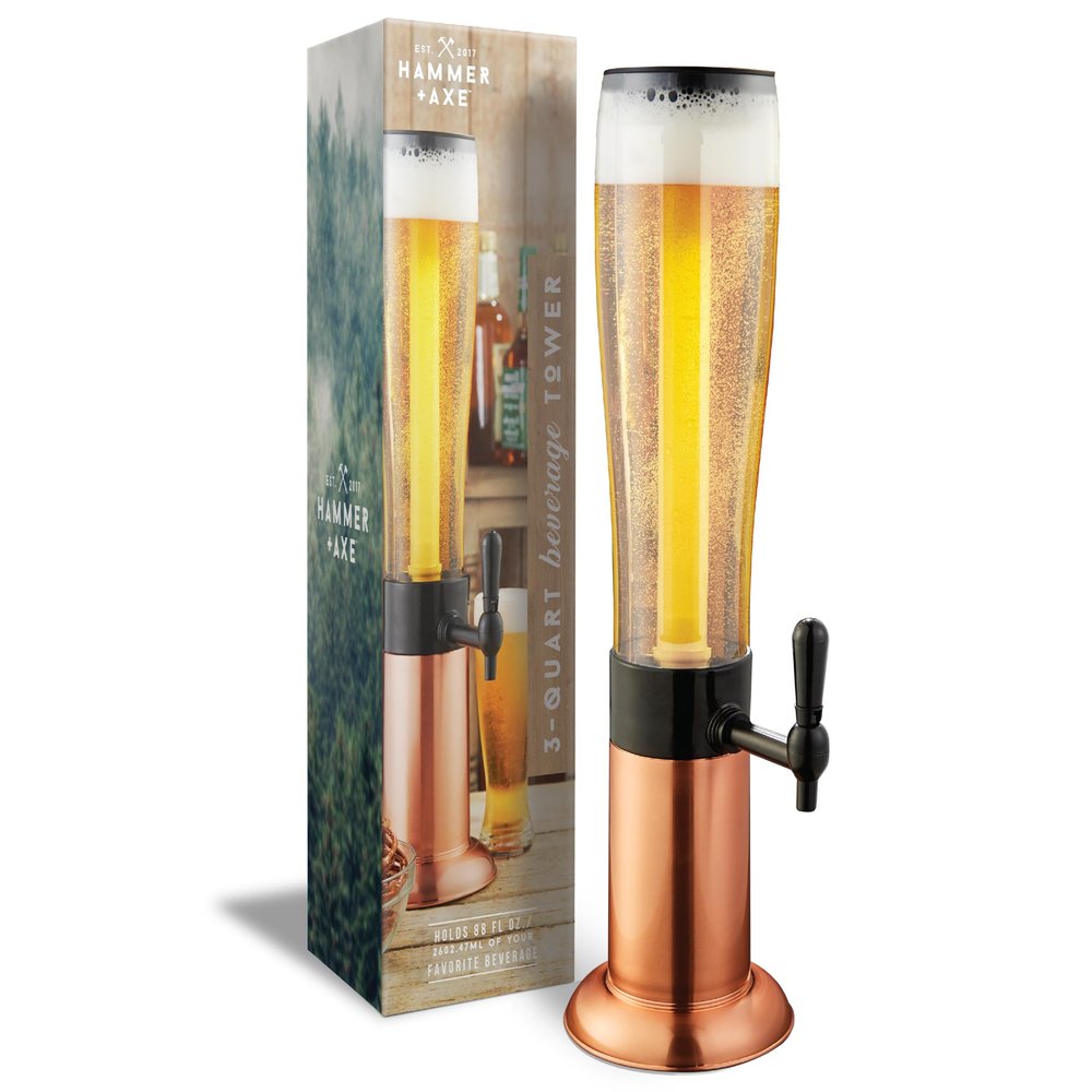 Hammer + Axe Beverage Dispenser  88 oz Party Drink Dispenser with Ice Tube & Tap| Drink Fountain for Beer, Water, Iced Tea| Mimosa Tower| Margarita Tower| BBQ & Tailgate Essential| Home Bar Accessory