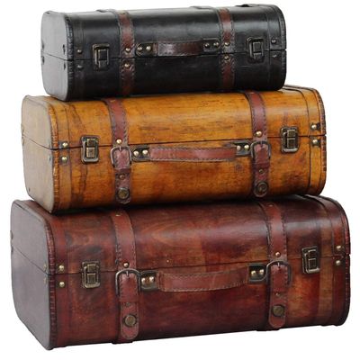 MISC Vintage Decorative Suitcase (Set Of 3) Brown Faux Leather Wood 3 Piece