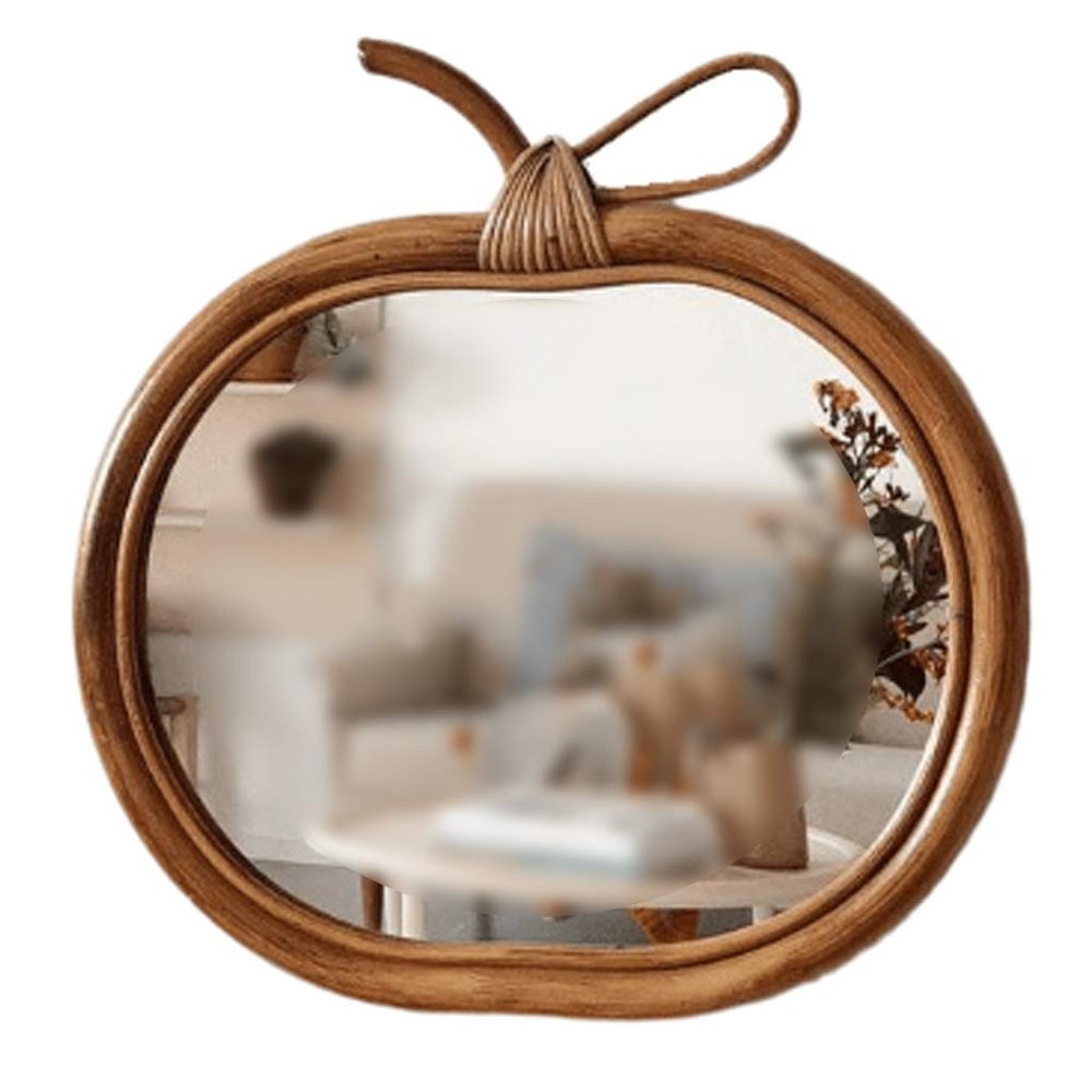 10-inch Handmade Rattan Retro Round Mirror Apple Mirror Household Makeup Mirror Wall Hanging Entrance Decoration, Desktop Decoration