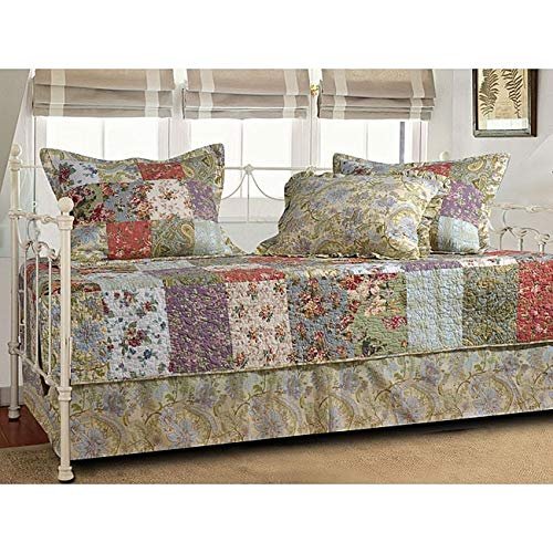 Misc Blooming Prairie 5-Piece Daybed Bedding Set Green Floral Patchwork Shabby Chic Cotton Bedskirt Included